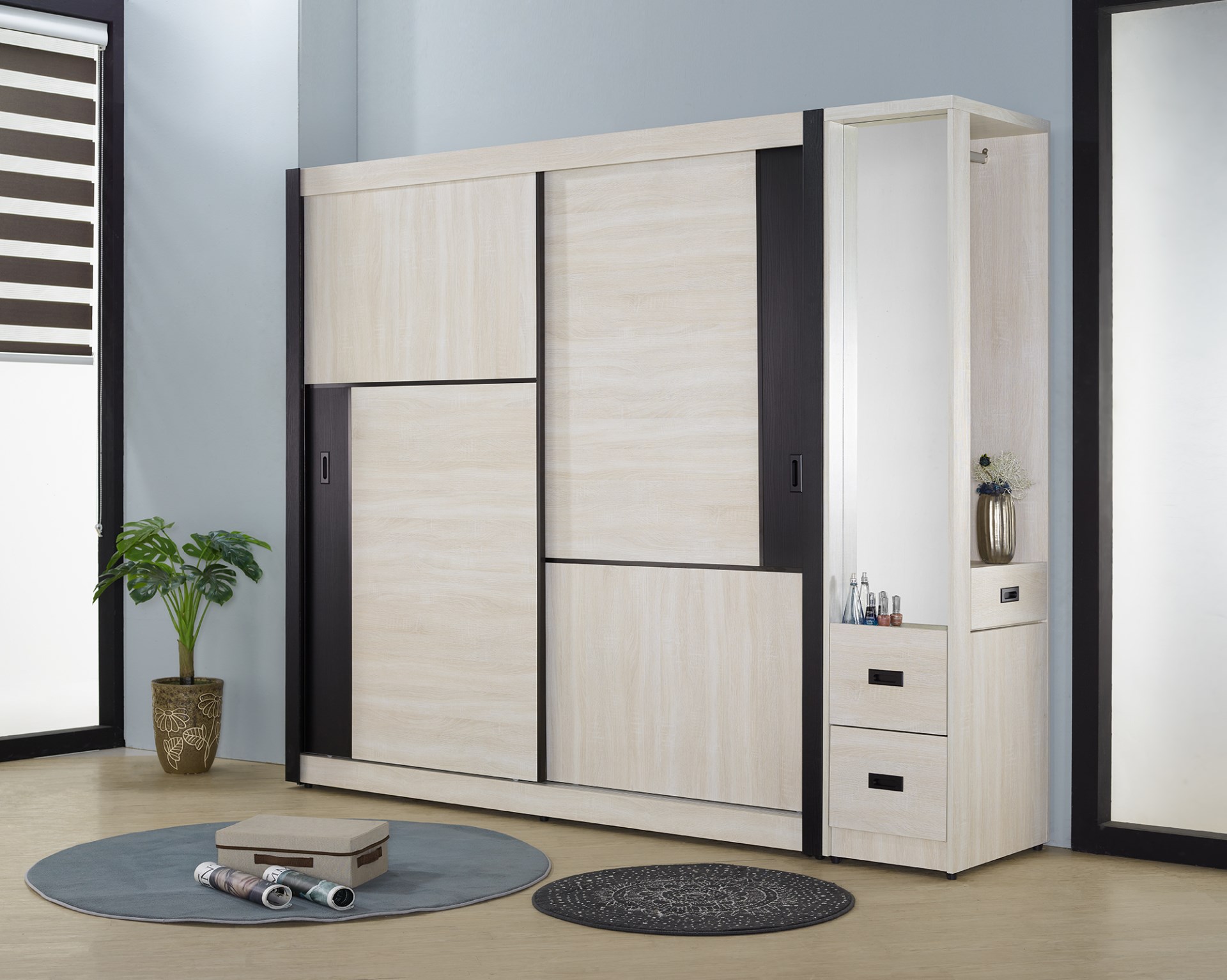 維克7X7尺白木三格六抽側拉鏡衣櫃